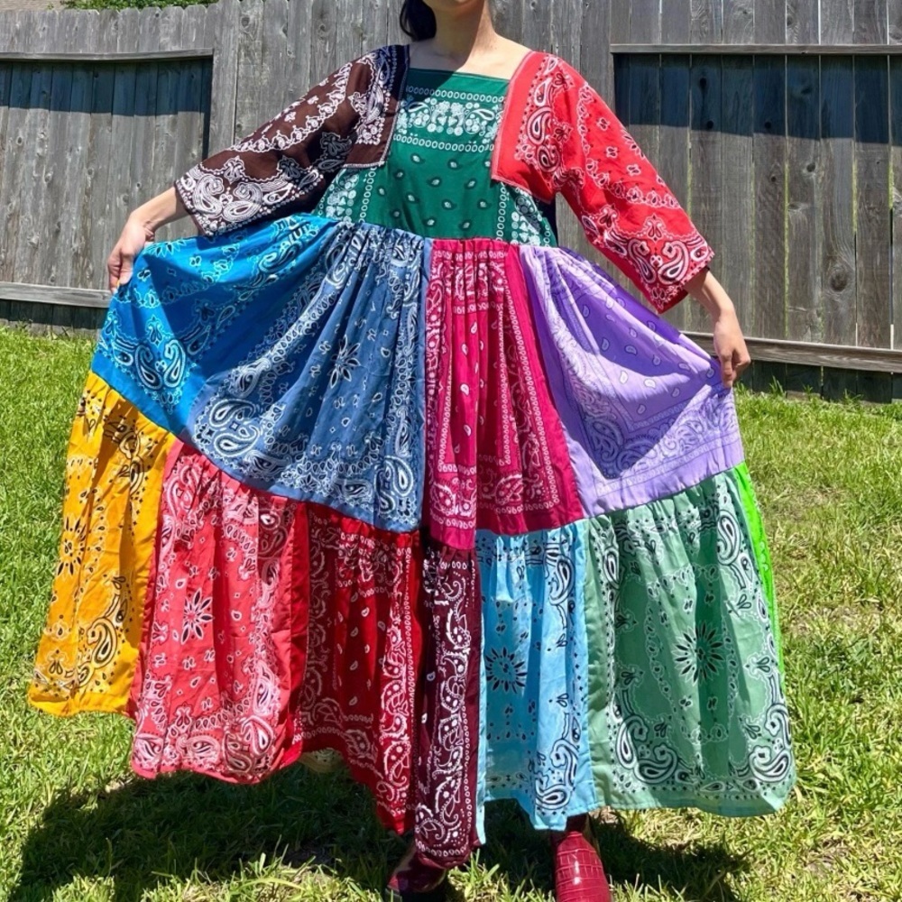 Rainbow | Handmade Earthy Voluminous Maxi Bandana Dress SKU 05126